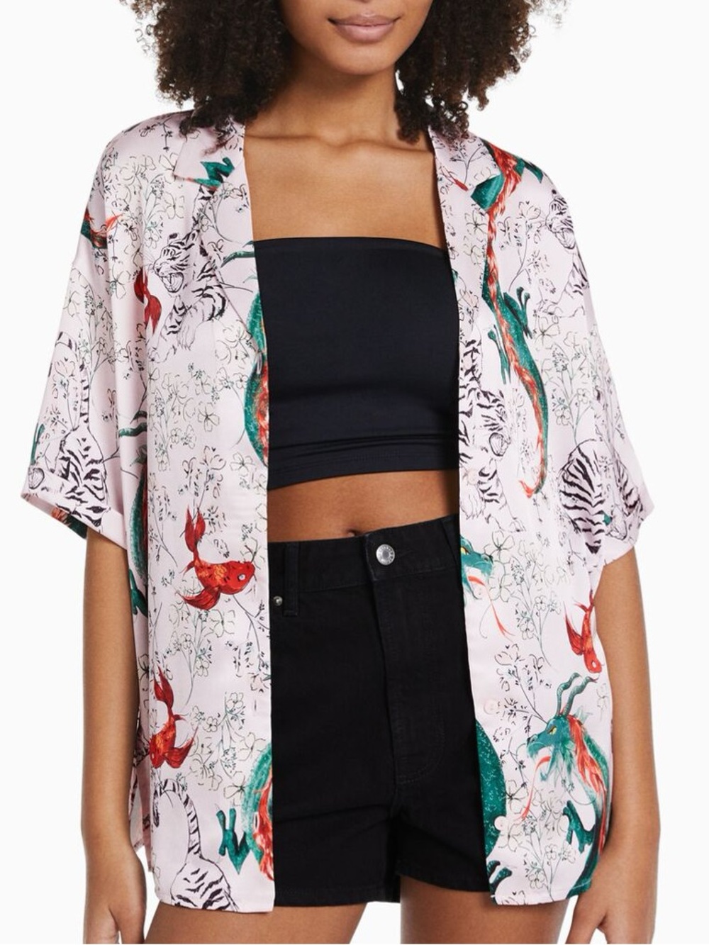 Bershka Kimono-style Dragon Fish & Tiger Button-Down | Small